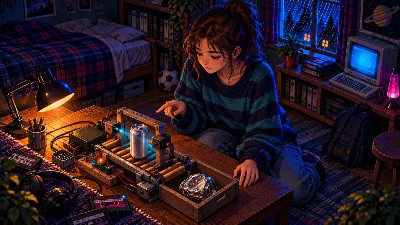 Crush a Can Day 2026: Read First, Crush Later Pixel art of a girl comparing an intact and a crushed drink can on a model sorting line in a retro bedroom.