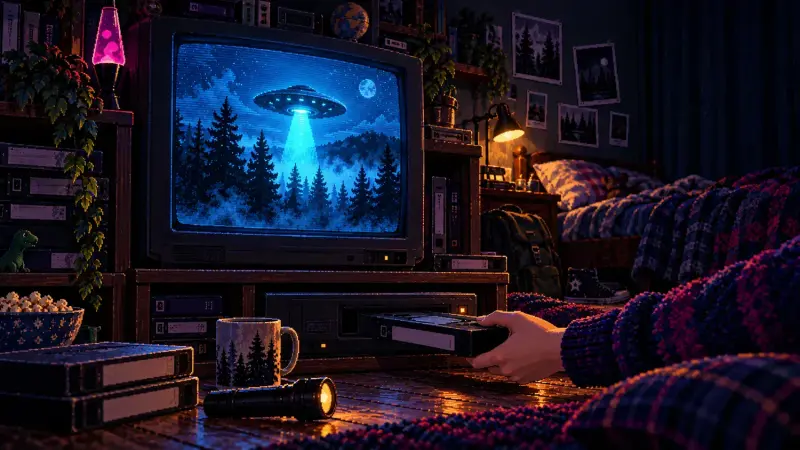 Your First X-Files Watchlist: Ten Episodes and What Comes Next Pixel-art CRT television showing a UFO above a pine forest while a hand inserts a VHS tape in a dark, cozy retro bedroom.