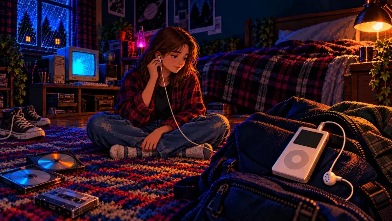 iPod at 25: The Journey from Computer to Pocket Pixel art of a girl listening to an earbud beside a white music player on a backpack in a dark retro bedroom.