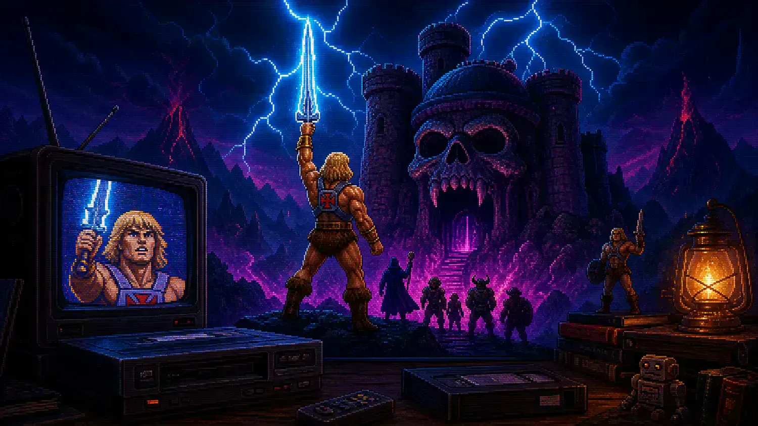 First broadcast of He-Man Pixel-art illustration for “First broadcast of He-Man”