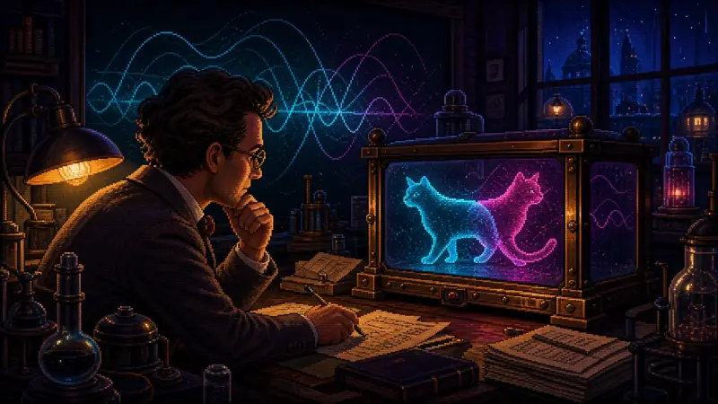 Erwin Schrödinger at 139: The Equation That Outlived the Cat Pixel-art physicist studying overlapping cyan and magenta cat states in a dark 1930s laboratory