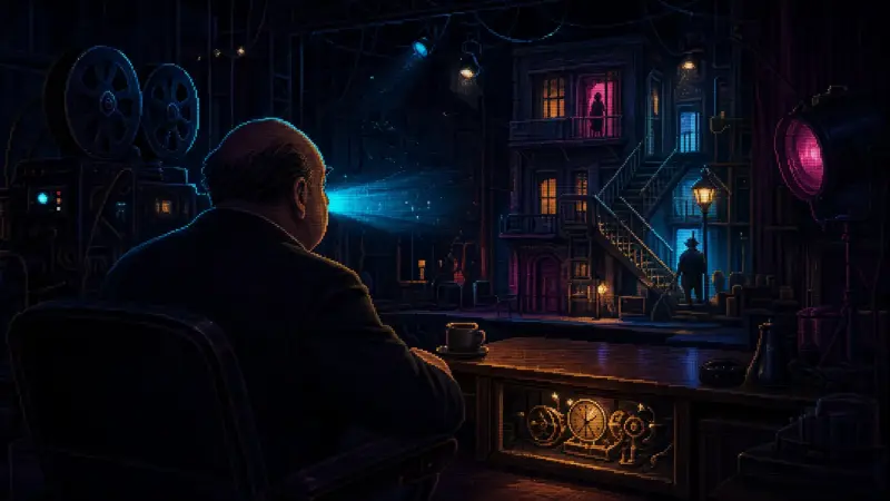 Alfred Hitchcock at 127: How the Suspense Machine Works Cinematic pixel-art homage to Alfred Hitchcock observing a shadowy film set with a clockwork device beneath a table