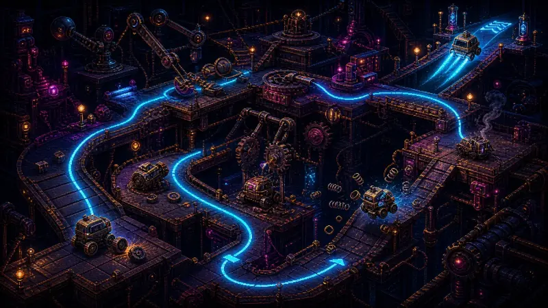 Failures Day 2026: How Nerds Learn from Mistakes Isometric pixel-art test course with failed prototypes and one machine following a glowing cyan route