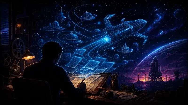 Gene Roddenberry at 105: The Blueprint Behind Star Trek Anonymous television writer drafts glowing space routes and an original spacecraft in detailed dark pixel art