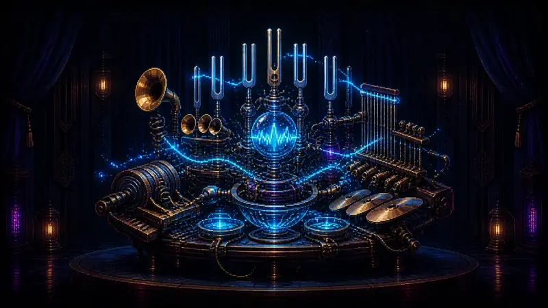 Strange Music Day 2026: Listen Beyond the Familiar A cinematic pixel-art machine combines tuning forks, brass horns, strings and percussion around a glowing cyan sound wave