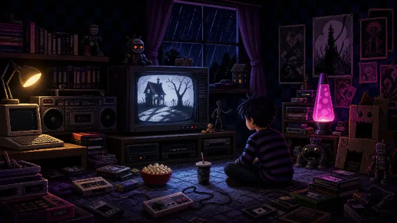 Tim Burton at 68: The CRT Test Pixel-art 1980s and 1990s bedroom with a child watching an original gothic stop-motion scene on a CRT television