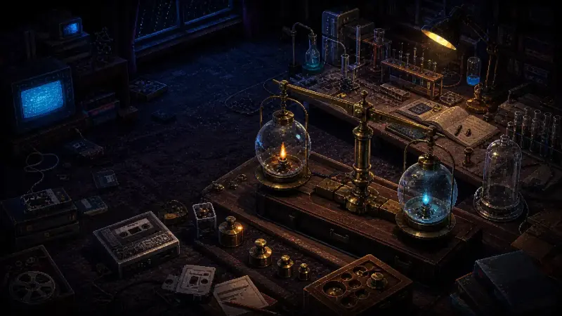 Antoine Lavoisier at 283: The Balance That Changed Chemistry Pixel-art 1980s bedroom with a brass balance weighing two sealed glass vessels during a chemistry experiment