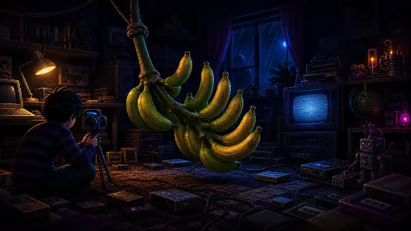 Banana Lovers Day 2026: Why Bananas Are Curved Pixel-art 1990s bedroom with a teenager photographing a hanging banana bunch whose fruits curve upward