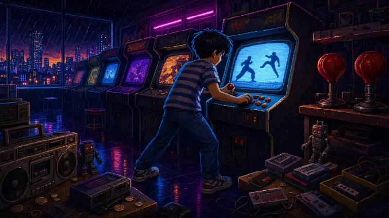 Street Fighter at 39: The Buttons That Changed Fighting Games A child plays a fighting game on a CRT arcade cabinet in a neon-lit late-1980s arcade