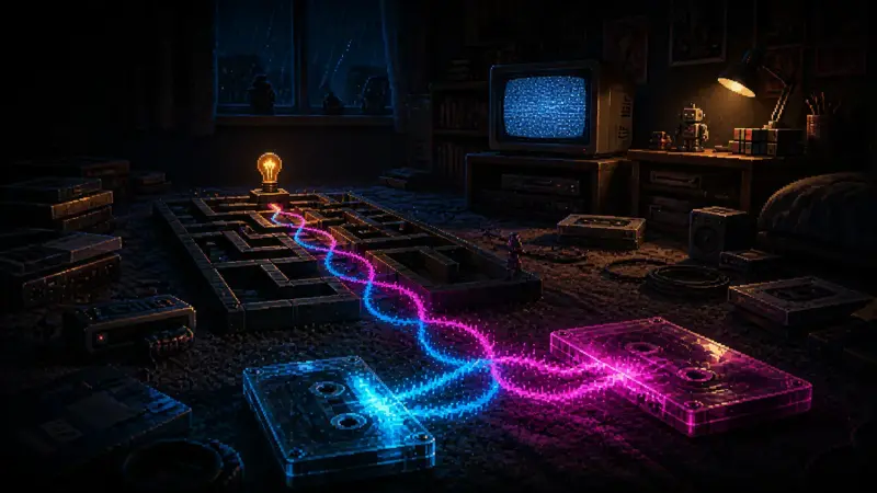 No Rhyme Day 2026: Why Rhymes Sound True Two glowing audio cassettes send matching cyan and magenta sound waves through a maze toward an amber bulb in a dark 1990s bedroom