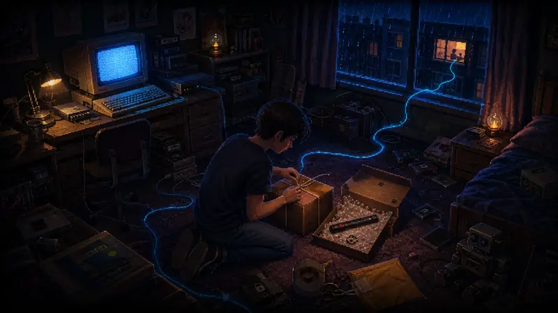 eBay at 31: How a Broken Laser Pointer Built Trust A teenager in a dark 1995 bedroom packs a broken laser pointer while a glowing modem cable reaches a distant window