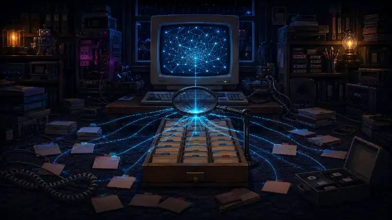 Google at 28: Why It Has Two Birthdays A 1990s bedroom search lab with a CRT network, magnifying glass and glowing links joining index cards