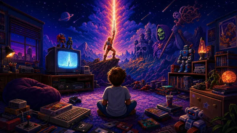 He-Man at 43: How 65 Episodes Took Over the Week A child sits before a CRT as the bedroom opens into a pixel-art fantasy of a sword-raising hero, castle and hooded skull figure