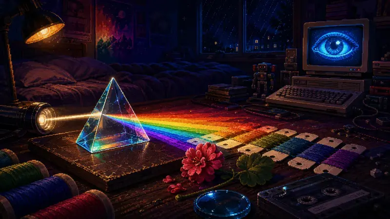 John Dalton at 260: The Colour Mystery He Left Behind A glass prism casts a spectrum across coloured threads beside a CRT showing an eye in a pixel-art bedroom