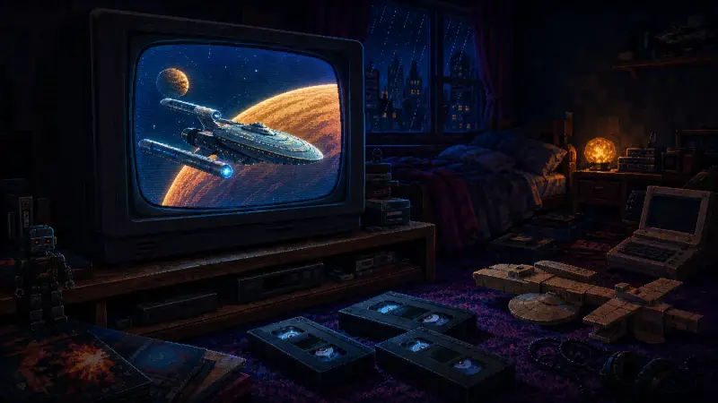 Star Trek at 60: Three Beginnings, One Premiere Pixel-art bedroom with a spacecraft on a CRT television, three VHS tapes and a handmade cardboard space model