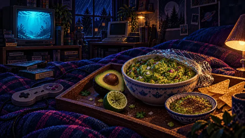 Guacamole Day 2026: The Science Behind the Brown Pixel-art retro bedroom with guacamole, an avocado half and lime on a bed tray, beside a small browned sample