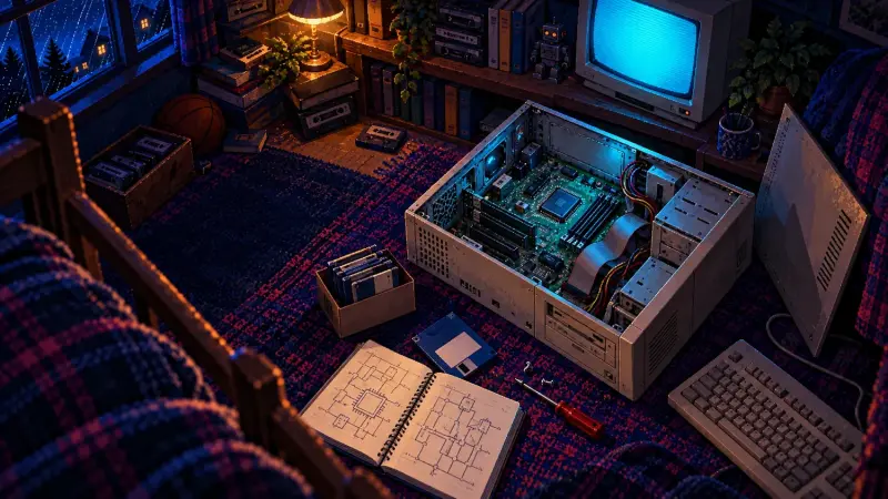 Linux at 35: Inside the First Source Release Pixel-art bedroom seen from above, with an open beige computer, floppy disks and a circuit notebook beside a glowing CRT