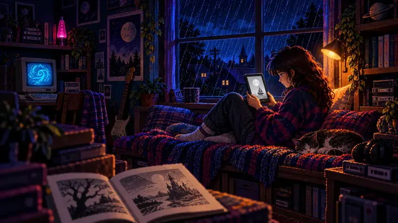 Read an Ebook Day 2026: A Book That Fits Its Reader Pixel-art teenager reading an e-reader on a window seat in a dark retro bedroom, surrounded by books and old computers