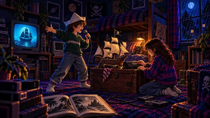 Talk Like a Pirate Day 2026: The Voice We Borrowed Pixel-art children recording a pirate radio play beside a model sailing ship and a glowing CRT in a retro bedroom