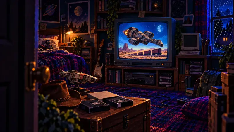 Firefly at 24: Two Ways to Trust a Space Cowboy Pixel-art retro bedroom seen through a doorway, with the Serenity spaceship on a CRT television and two VHS tapes on a chest
