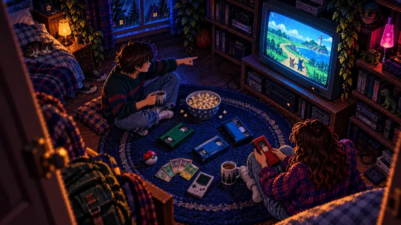 Pokémon Indigo League: A Nostalgia Watchlist for Three Evenings Pixel-art view from above of two friends choosing VHS tapes on a bedroom rug, with a handheld console and a CRT showing a coastal cartoon adventure.
