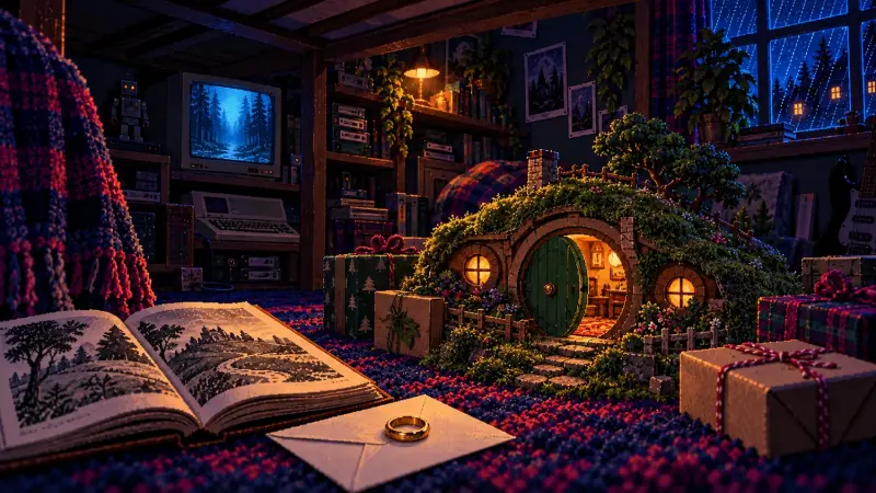 Hobbit Day 2026: The Gift Bilbo Could Barely Give Pixel-art model of a grassy hill house with a round green door, birthday gifts, a book and a gold ring in a dark retro bedroom.