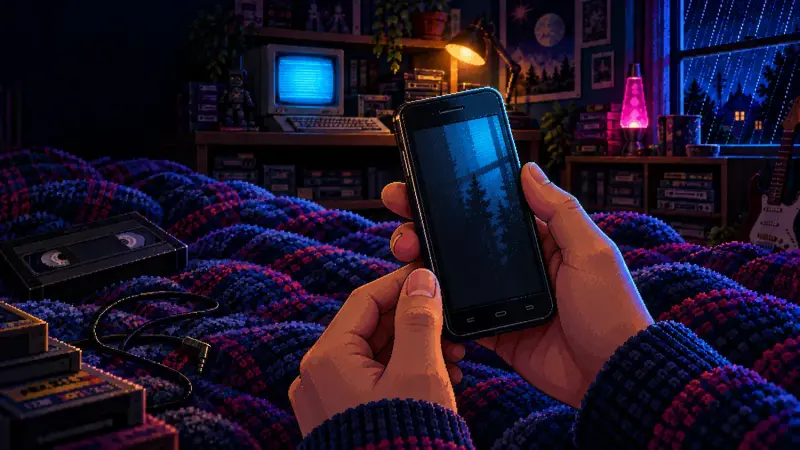Android at 18: Three Dates That Built a Platform Pixel art of hands holding an upright smartphone in a dark retro bedroom with a glowing CRT, cassettes and a rainy window.