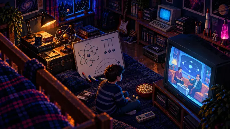 The Big Bang Theory at 19: The Science Behind the Laughs Pixel art of a boy watching a physics sitcom on a CRT in a retro bedroom, beside a whiteboard and an atom model.