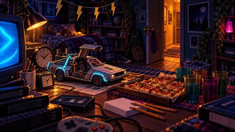 Back to the Future Day: A Budget Party for Six Pixel-art party table with a model time-travel car, clocks, pizza and quiz cards in a retro bedroom.