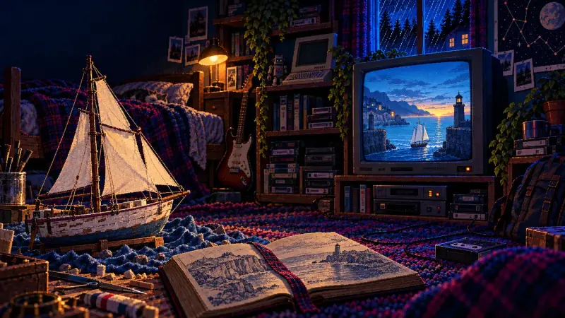 The Grey Havens: Frodo’s Farewell on September 29 Pixel art of a white model sailing ship and an open book in a retro bedroom, with a harbour departure on a CRT television.