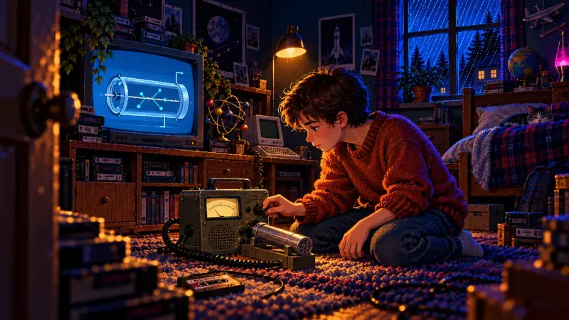 Hans Geiger at 144: The Meaning Behind the Click Pixel art of a boy kneeling beside a Geiger counter in a retro bedroom, with a detector illustration on a CRT.