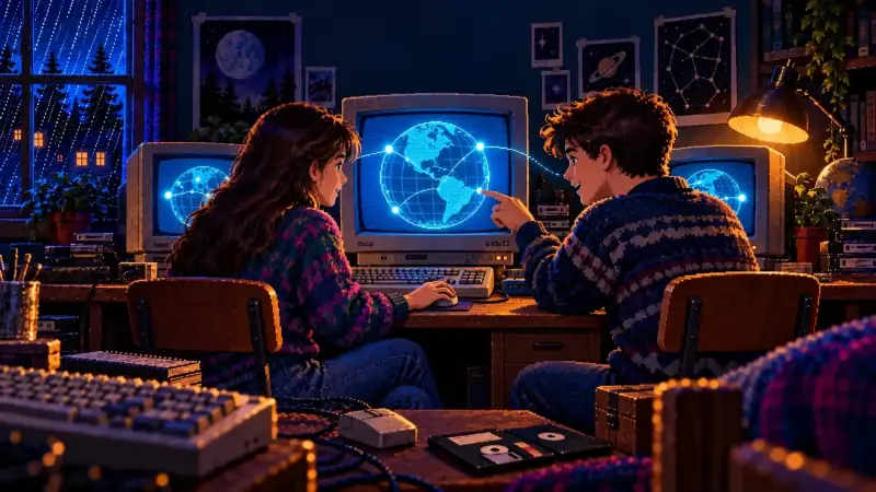 W3C at 32: One Web, Many Screens Pixel art of a boy and a girl sitting at a computer and browsing the web in a 1990s bedroom, with cyan globes on CRT screens.
