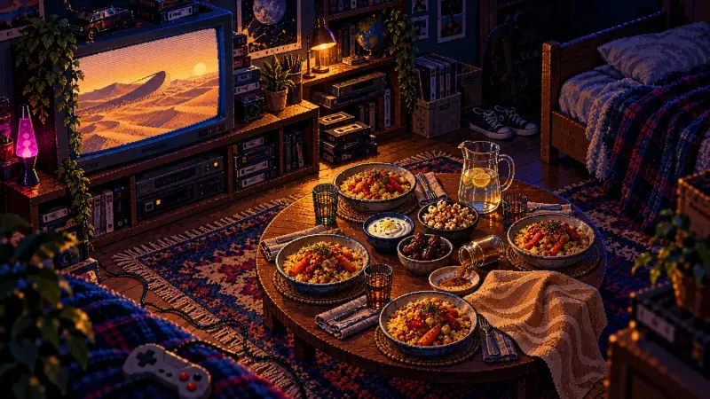 Dune Movie Night Menu: Easy Recipes and a Prep Plan Pixel art of four couscous bowls, dates and popcorn on a round table in a retro bedroom, with desert dunes on a CRT.
