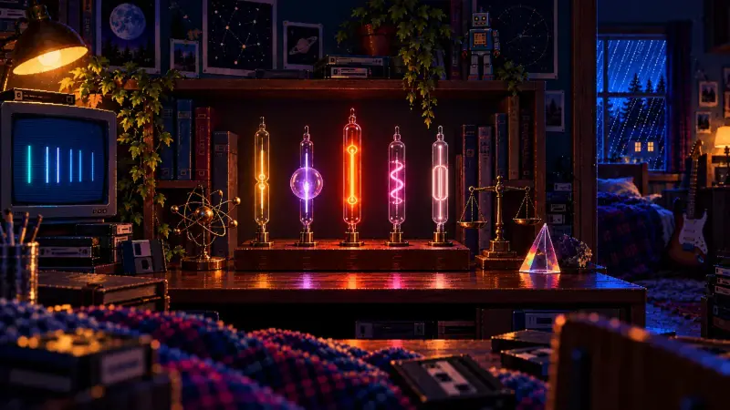 William Ramsay at 174: The Mystery Hidden in Air Pixel art of five glowing glass gas tubes on a wooden shelf in a retro bedroom, beside a CRT, a brass balance and a prism.