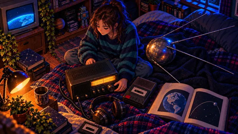 Sputnik at 69: The Signal That Became a Navigation Idea Pixel art of a girl tuning a shortwave radio on a bed beside a silver Sputnik model in a cozy retro bedroom.