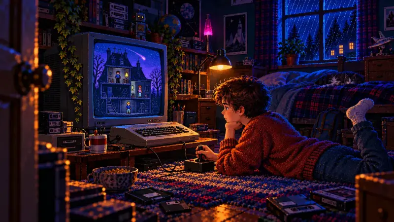 Maniac Mansion at 39: The Puzzle Starts with Your Team Pixel art of a boy lying on a bedroom carpet with a joystick, watching a spooky mansion with three figures on a CRT screen.