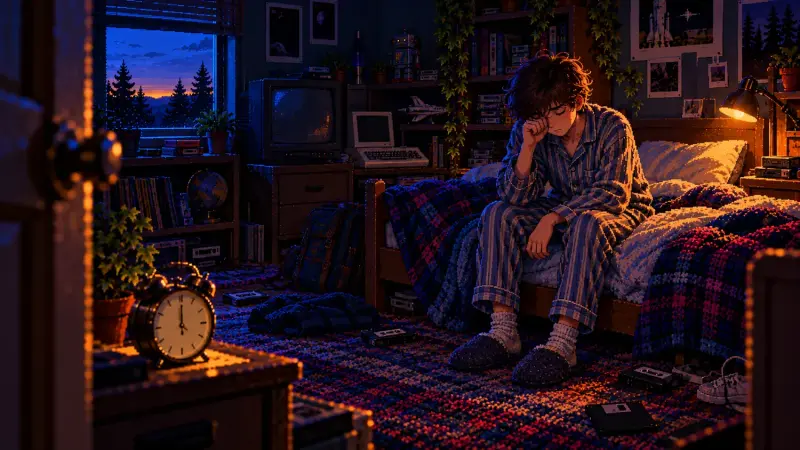 Morning Grouch Day 2026: The Brain’s Slow Start Pixel art of a sleepy teenager sitting on the edge of a bed in a retro bedroom, with an analog alarm clock in the foreground and blue dawn light at the window.