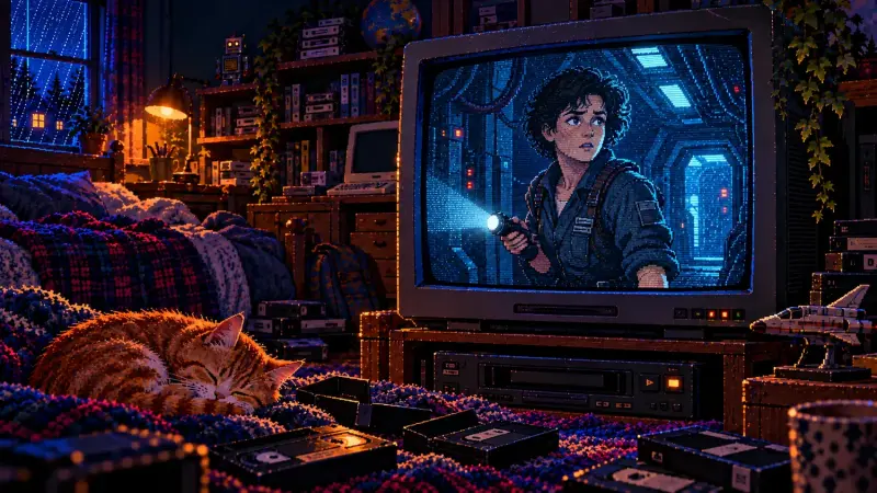 Sigourney Weaver at 77: Ripley’s Quiet Kind of Courage Pixel art of a retro bedroom with a sleeping ginger cat, VHS tapes and a CRT showing a fictional female spaceship engineer with a flashlight.