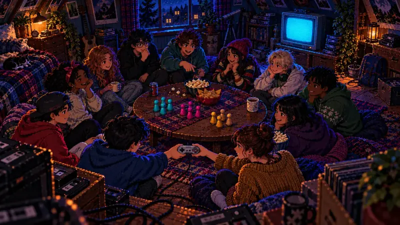 Jackbox for More Than 8 Players: A Fair Plan for 12 Pixel art of friends passing a controller around a low table with coloured tokens in a retro attic bedroom.