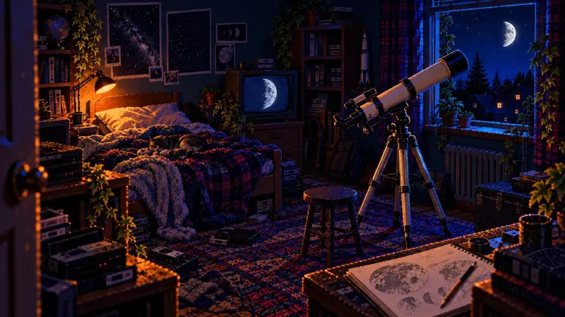 Astronomy Day 2026: The Date Moves, the Curiosity Stays Pixel art of a telescope beside an open bedroom window, with a half-lit Moon, a glowing CRT, books and an amber bedside lamp.