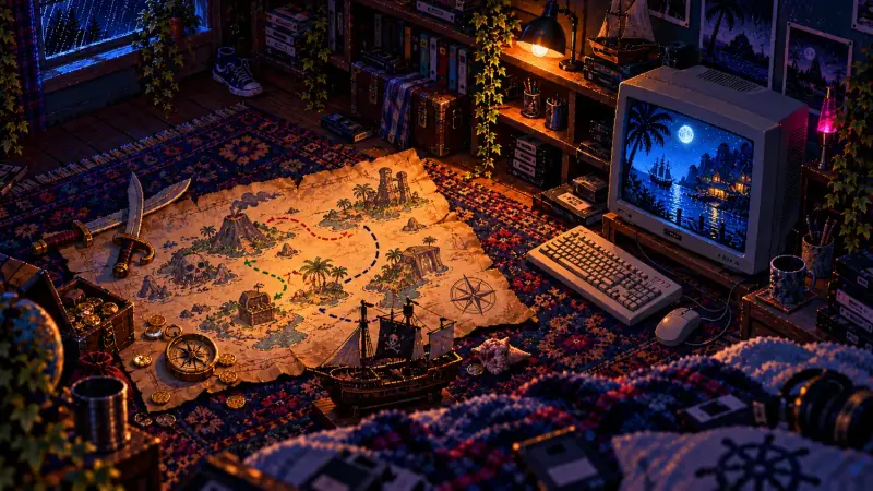 Monkey Island at 36: Room to Get Stuck Pixel art of a pirate map with three colored routes on a retro bedroom rug, beside a model sailing ship and a CRT showing a moonlit cove.