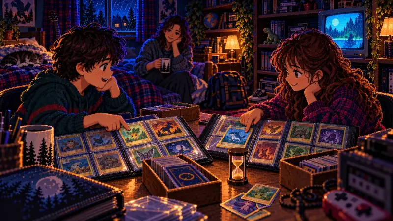 Pokémon Card Trading Party: Rules, Setup and a 90-Minute Plan Pixel art of two children comparing monster cards in open binders at a retro bedroom desk, with separate card trays, an hourglass and an adult nearby.