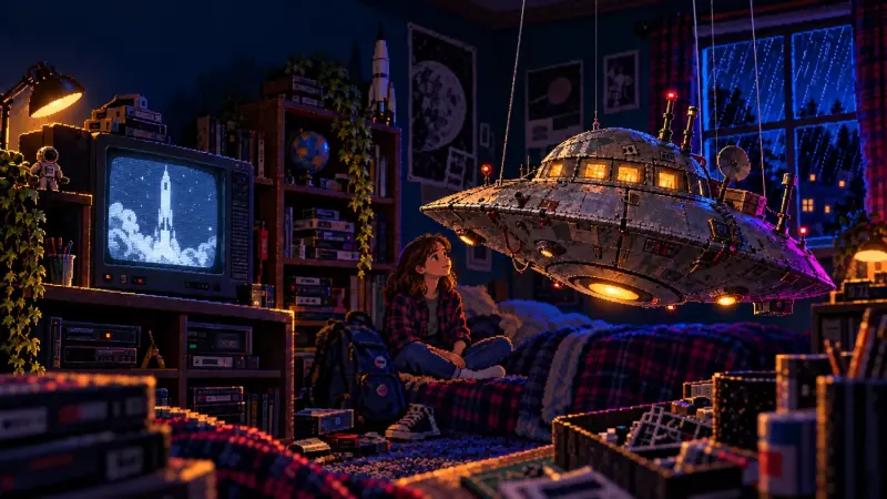 Jupiter 2 in 1997: The Future That Left Without Us Pixel art of a girl on a bed looking up at a hanging spacecraft model, beside a CRT showing a rocket launch in a retro bedroom.