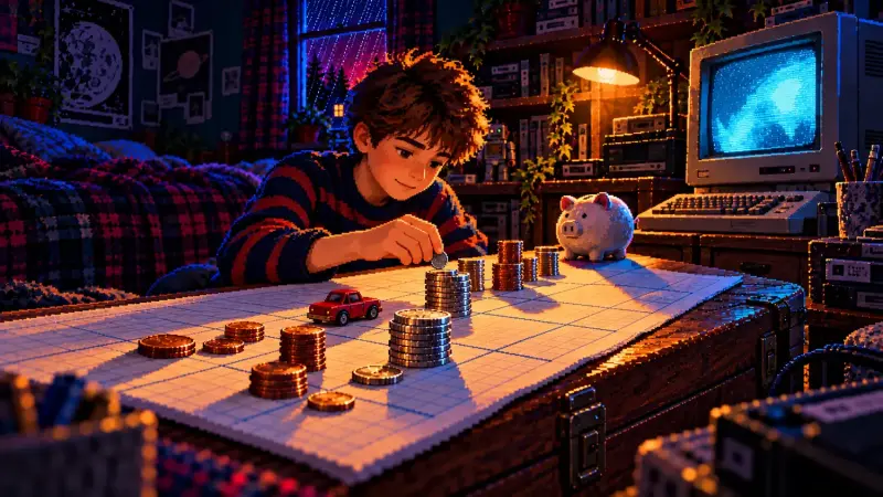 Spreadsheet Day 2026: The Power of Changing One Number Pixel art of a boy arranging coins on squared paper beside a piggy bank and a glowing CRT computer in a retro bedroom.