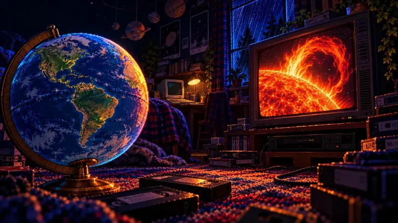 Knowing: The Ending, the Sun and the Limits of Prediction Pixel art of a blue globe beside a CRT showing a solar eruption in a dark retro bedroom with VHS tapes and an amber lamp.