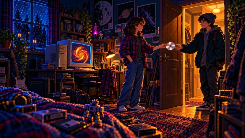 Ubuntu at 22: The First Release as an Invitation Pixel art of two teenagers passing a CD at a bedroom door, beside a CRT computer, tapes and warm lamps.