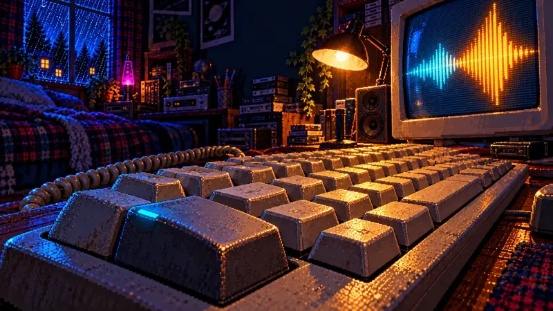 Caps Lock Day 2026: The Keyboard’s Borrowed Voice Pixel art of a worn computer keyboard with a cyan-lit key and a CRT showing sound waves in a dark retro bedroom.
