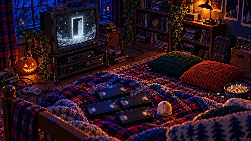 A Twilight Zone Halloween Night: Four Episodes and a Two-Hour Plan Pixel art of four blank VHS tapes and a mechanical timer in a dark retro bedroom, with an eerie doorway on a CRT television.