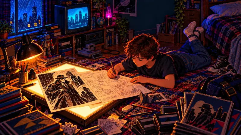 Bob Kane at 111: The Other Name Behind Batman Pixel art of a boy lying on a rug, drawing comic pages beside a glowing lightbox and a CRT television in a dark retro bedroom.
