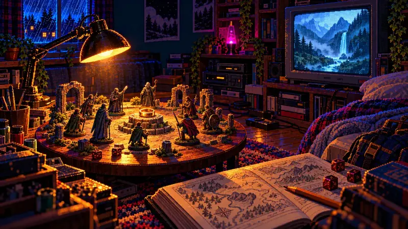 October 25: The Choice at the Council of Elrond Pixel art of a miniature fantasy council around a golden ring on a bedroom table, with books, tapes and a glowing CRT in the background.
